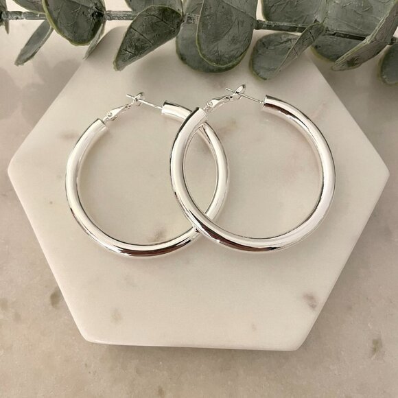 COPY - 925 Sterling Silver Hoop Earrings Large Silver Hoops Chunky Earrings - Picture 3 of 6